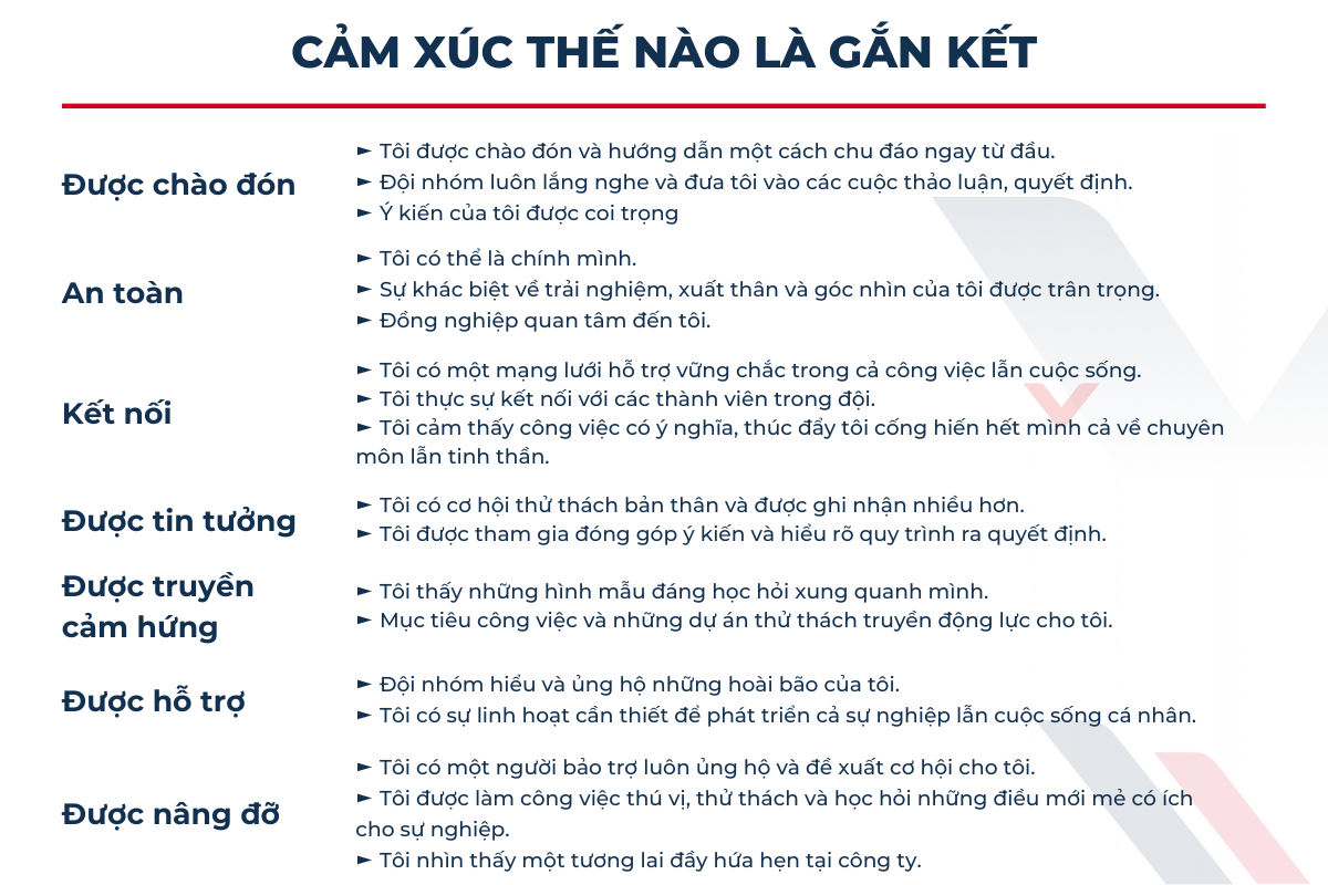 Cảm xúc khi một người thấy gắn kết với môi trường làm việc. Theo báo cáo Creating a Strong Sense of Belonging for All của EY.